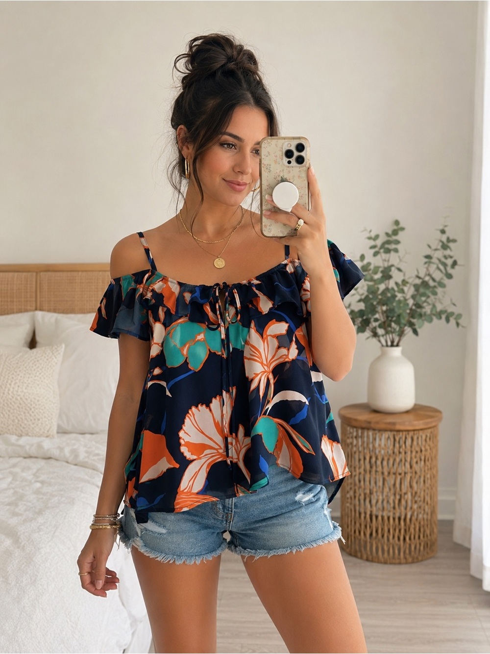 Japna Navy Floral Off-the-Shoulder Flutter Sleeve Blouse | Size Medium | NWT - Picture 1 of 7